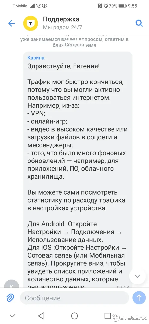 Скрин переписки с оператором