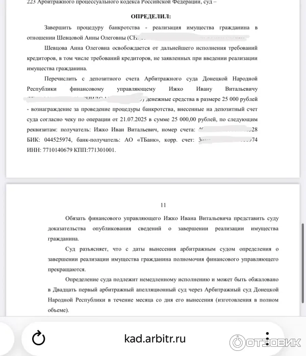 Решение суда о завершении банкротства